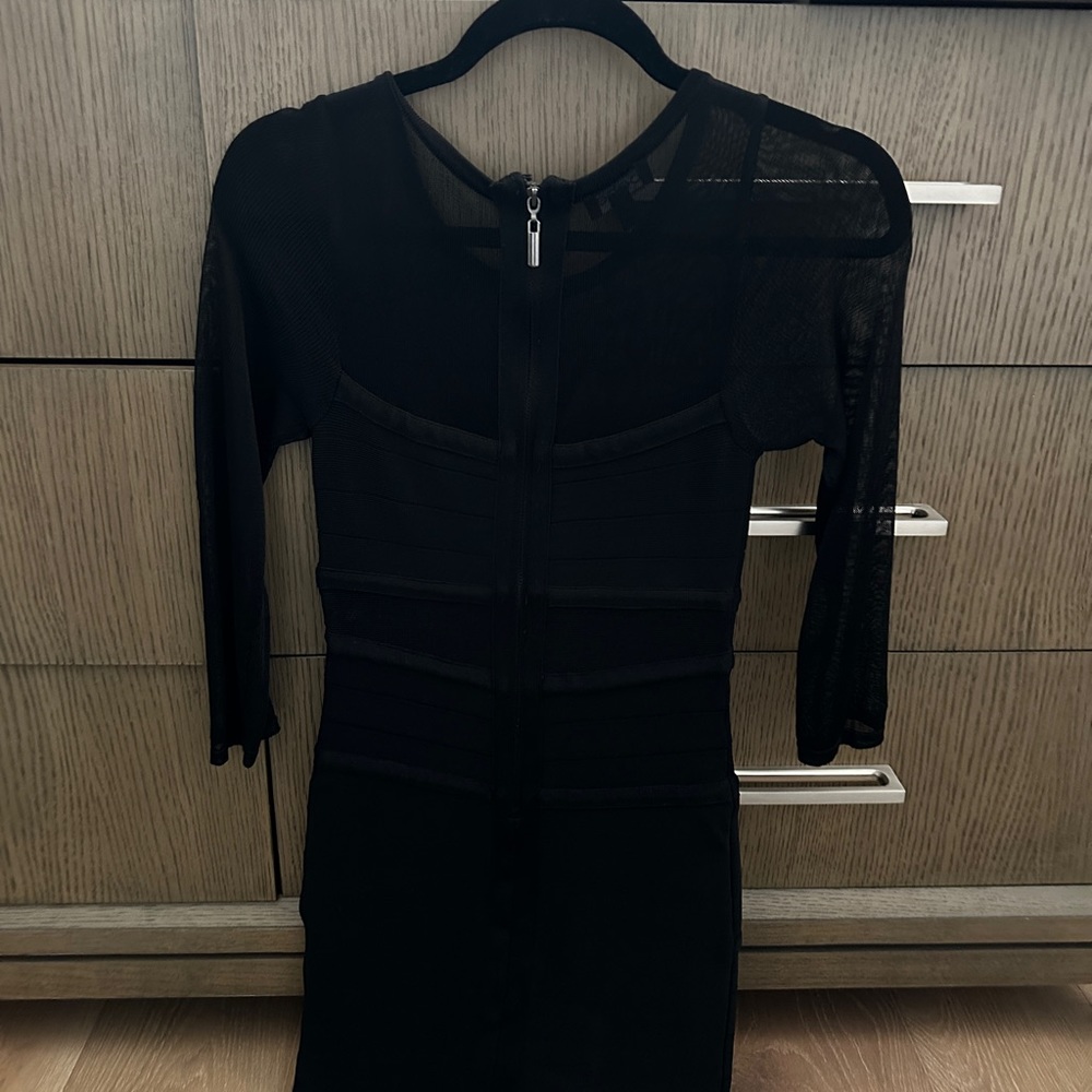 Bebe Black Body Con Dress with Mesh Sleeves